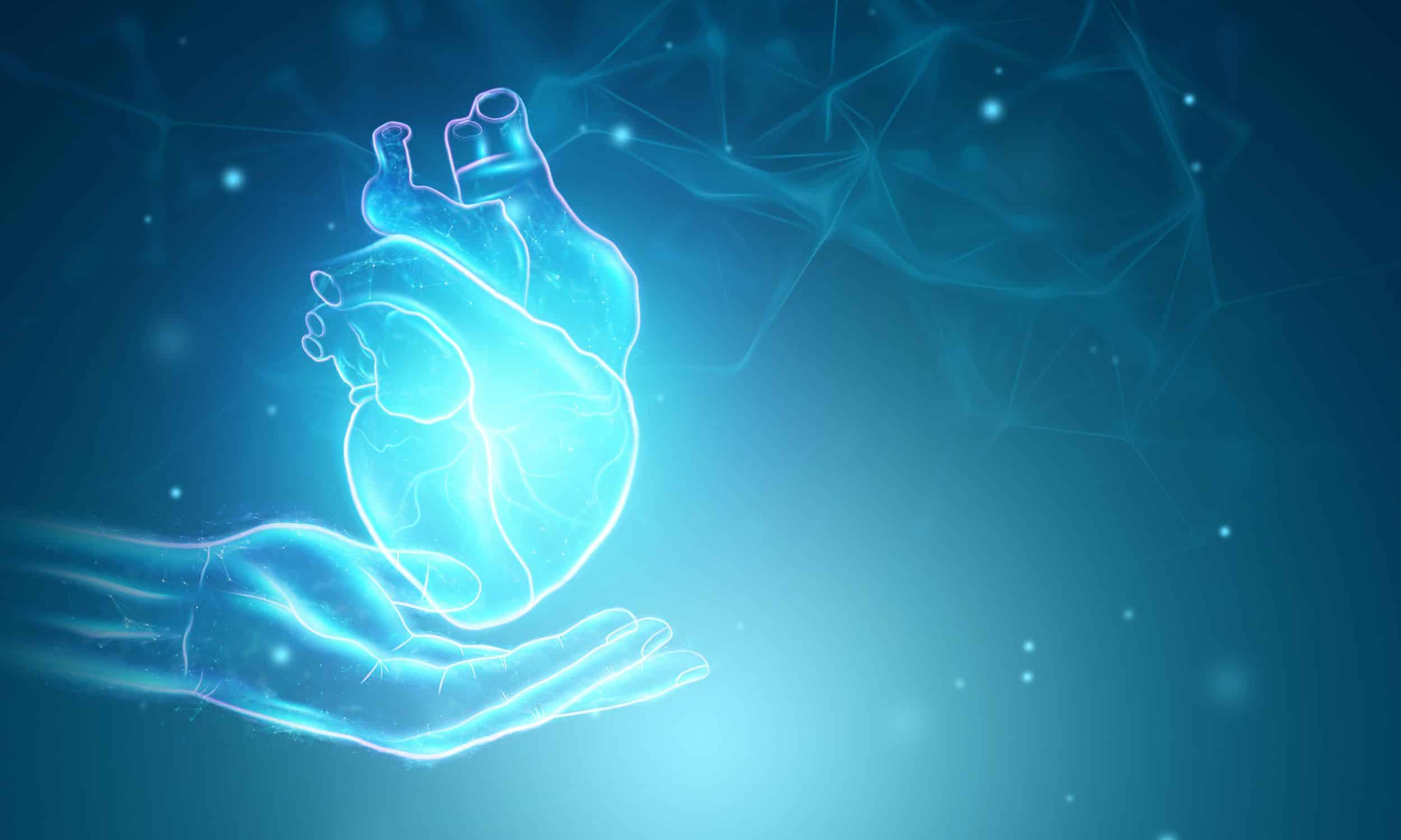 graphic of a hand holding a blue neon human heart