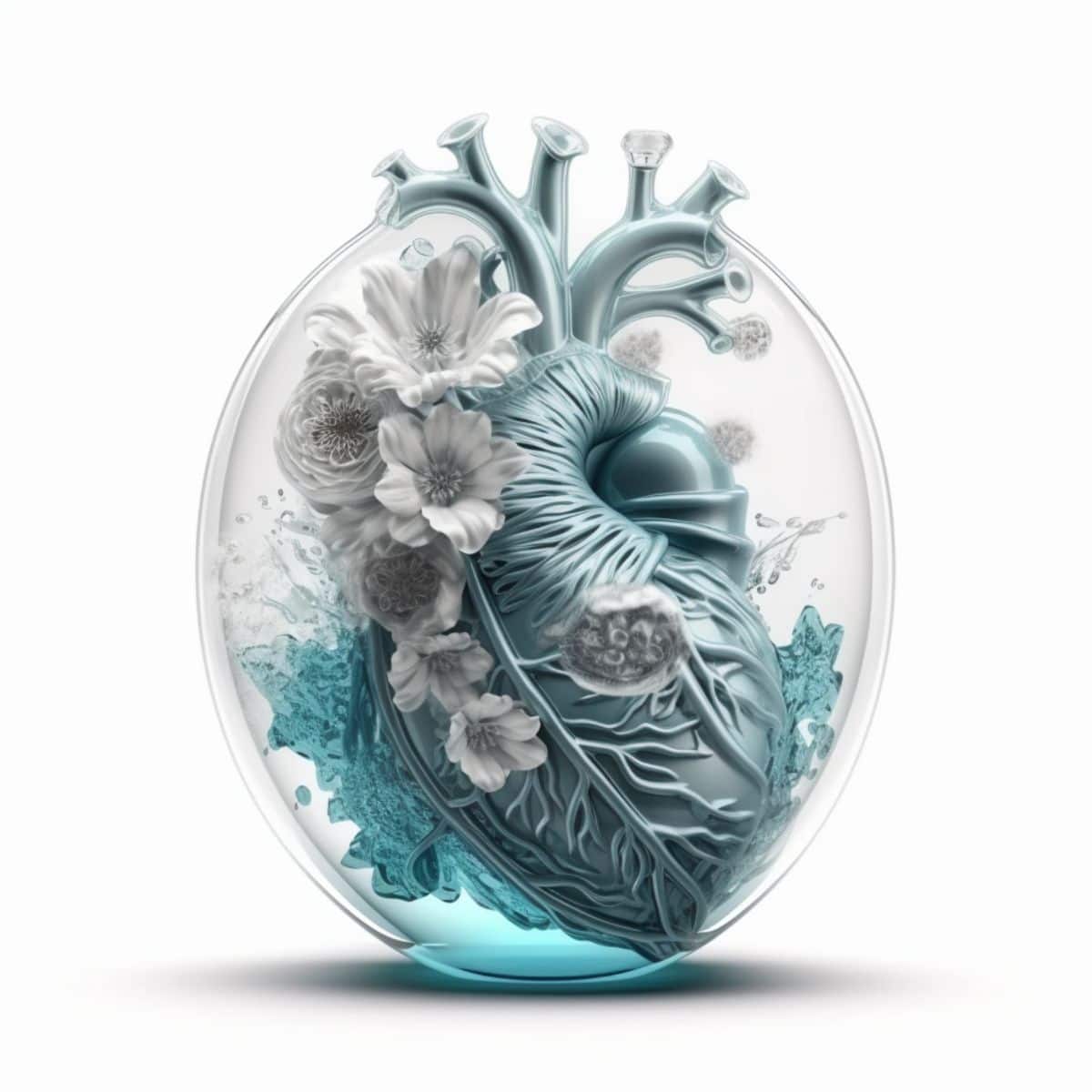 glass heart with blue flowers and water inside
